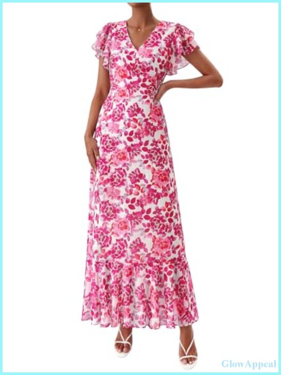 Dresses & Skirts - V Neck Ruffle Sleeve Maxi Dress with Pockets